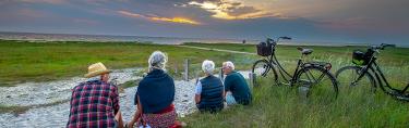 Cyklister der sidder i græsset og nyder solnedgangen ud over Vadehavet. 